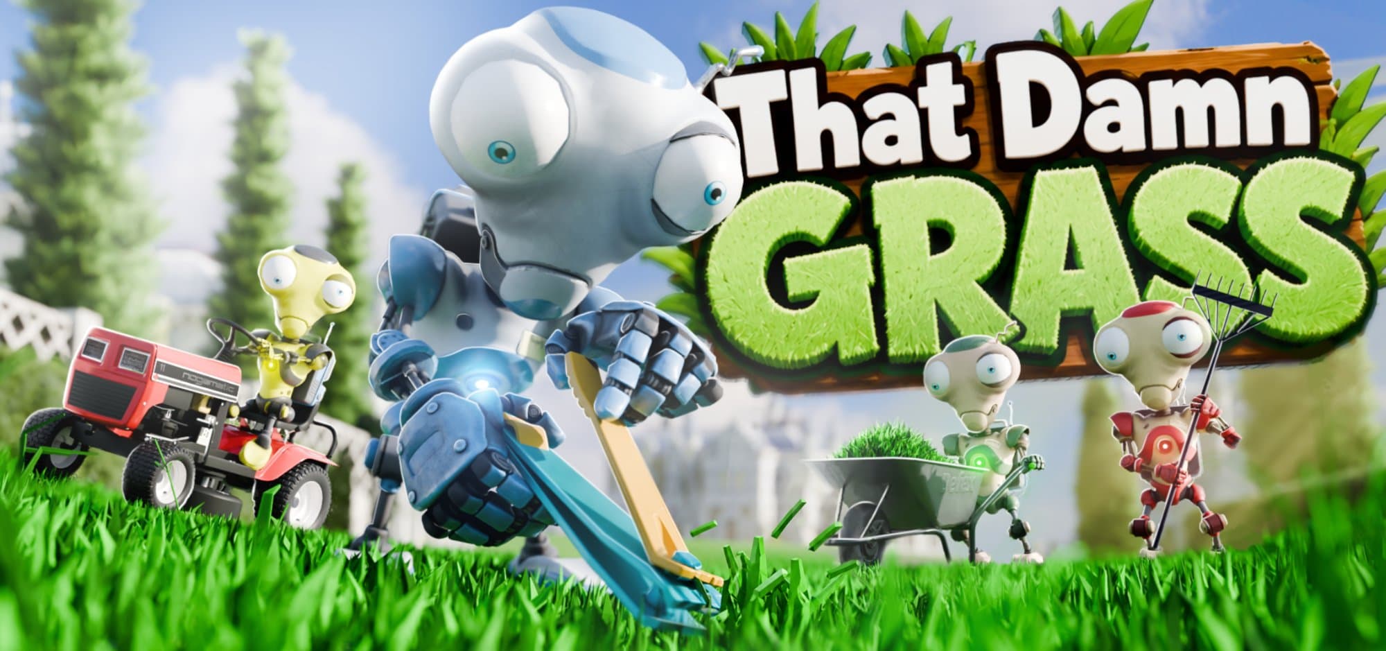 That Damn Grass promotional render: small service robots cutting, mowing, carting and raking an overgrown lawn, with the game logo